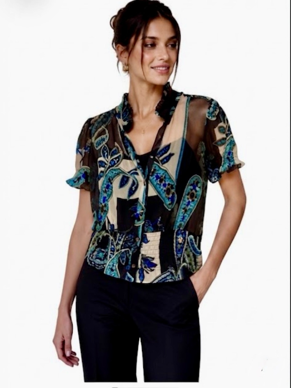 NWT Boho Chic Y2K Ruffled Smocked Sheer Blouse Paisley Teal/Black 1X Party